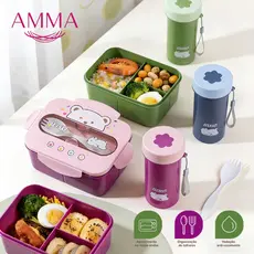 Kit Lancheira Infantil 1200ml + Copo 450ml + Talher Marmita Escolar com Vedação Travas de Segurança