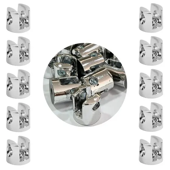 Conjunto de 10 Suportes Cromados para Prateleiras de Vidro com Fenda 6mm e 2 Furos