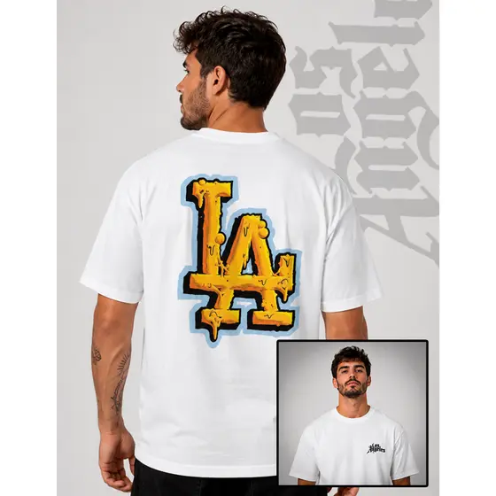 Camiseta Streetwear Los Angeles LA Derretido Amarelo Unissex 100% Algodão Frente e Costas Camisa EUA