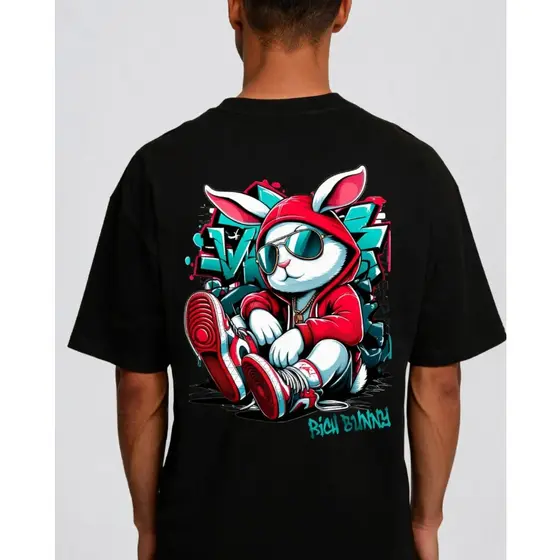 Camiseta Masculina 100% Algodão Rich Bunny Letra Frontal Confortável Frente Costa Alta Qualidade