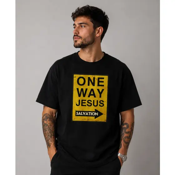 Camiseta Streetwear Cristã ONE WAY JESUS Unissex 100% Algodão Qualidade Premium Unissex Gospel Fé