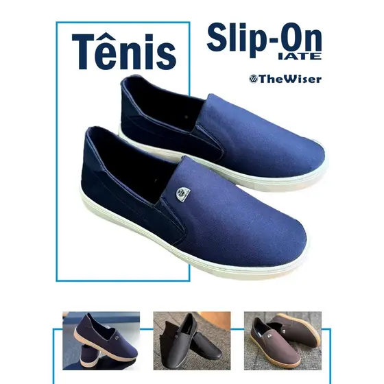 Tenis Slip-On Casual Reforço Super Confortável Azul Café e Preto Modelo IATE Costurado Durável