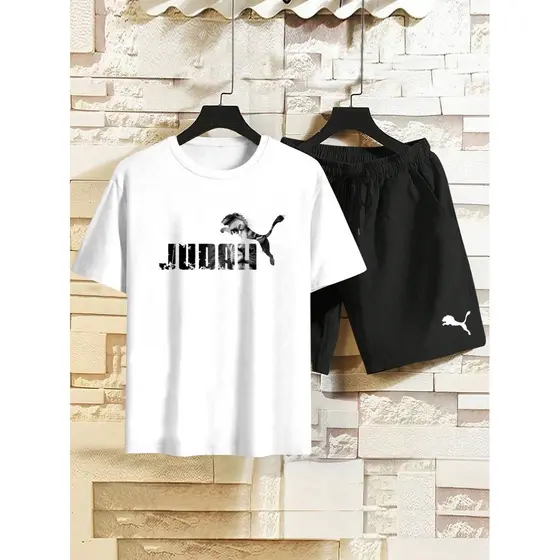 Conjunto Masculino Camiseta Streetwear Masculina + Bermuda Tactel Estampada Leão de Judah Kit