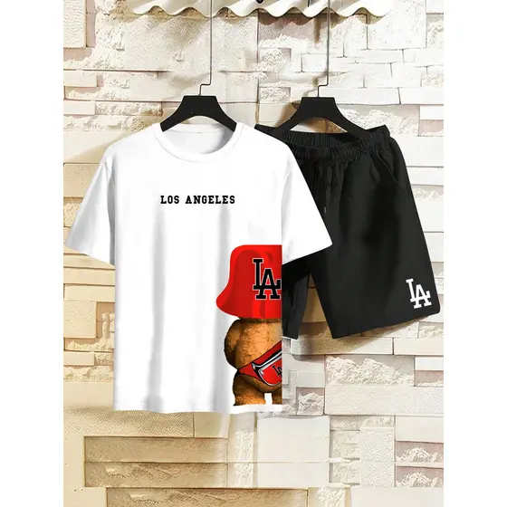 Conjunto Masculino Camiseta Streetwear Masculina + Bermuda Tactel Estampada Urso Los Angeles Kit