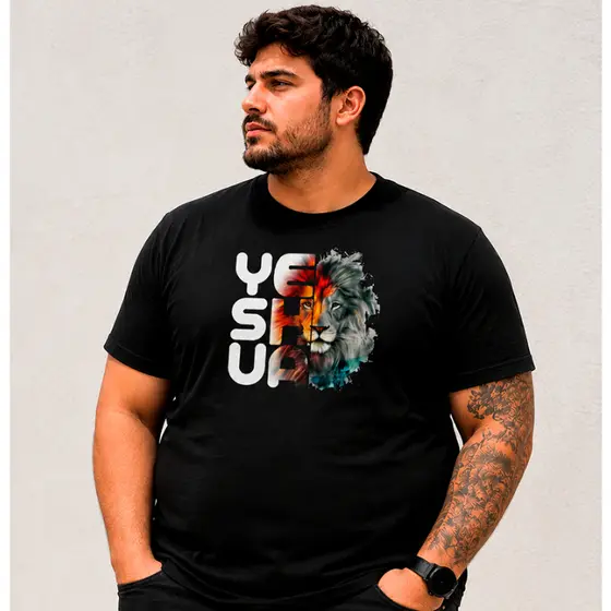 Camiseta Moda Evangélica YESHUA LEÃO COLORIDO PLUS SIZE Masculina e Feminina Cristão Fé