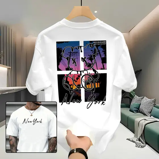 Camiseta PLUS SIZE Masculina Streetwear Urso New York 100% Algodão Estampada  Tamanho Plus