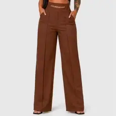Calça Pantalona Social Feminino De Linho Com Cinto Fake e Cintura Alta e Bolsos