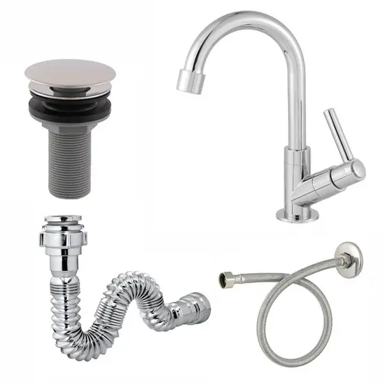 Kit Completo para Cuba de Banheiro Torneira Cromada 3/4 ABS Válvula Click 7/8 Sifão e Engate Flexível 40cm