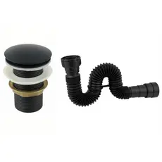 Kit Válvula Click 1.1/4 Preta Metal + Sifão ABS Preto Universal Banheiro