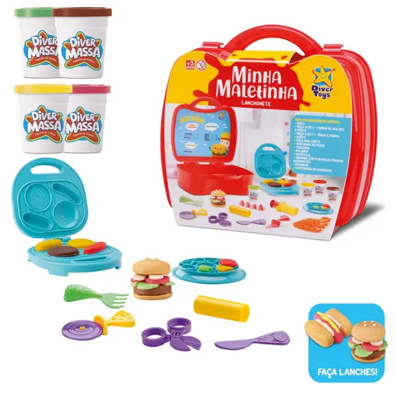 Playset Minha Maletinha Lanchonete com 4 Massinhas Divertoys Kit Completo para Fazer Lanches Atóxico