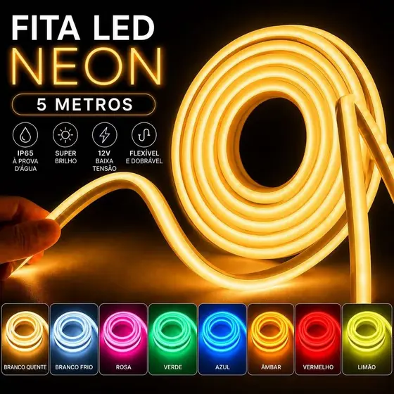 Fita LED Neon 5m 12V 2835 120 LEDs/m  Silicone Flexível Super Brilho Decoração Quarto Gamer Festa Natal