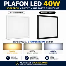 Plafon LED Quadrado 40W  Bivolt – Luminária de Sobrepor Moderna para Teto