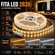 Fita LED 2835 5m 12V 240 LEDs IP20 Super Brilho Decoração Quarto Móveis