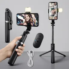 Tripé Selfie 1,7M / 80CM com Luz LED Bluetooth Controle Remoto para Fotos e Vídeos