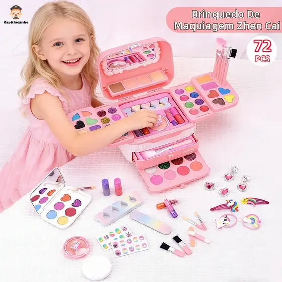 Kit Maquiagem Infantil 72 Peças Lavável Para Meninas Conjunto Portátil Brinquedo De Maquiagem Seguro Para Crianças