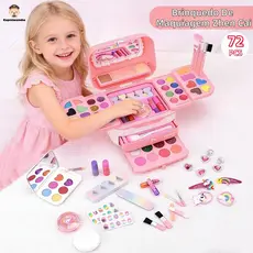 Kit Maquiagem Infantil 72 Peças Lavável Seguro Maletinha Brinquedo Para Meninas