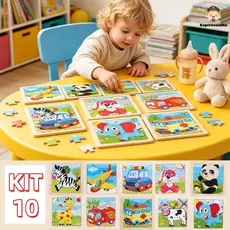 Kit 10 Quebra Cabeça Infantil Mdf 9 Peças c/ Moldura Jogo Pedagógico Lúdico Educativo