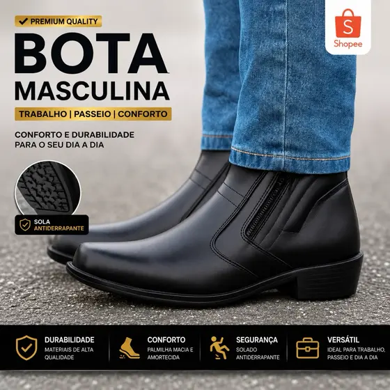Bota Social Masculina Zíper Lateral Alta Durabilidade Forro Macio Acabamento Premium