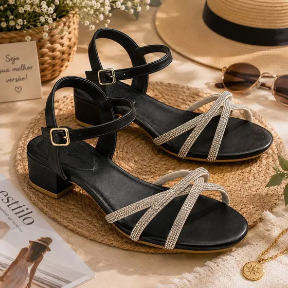Sandália Feminina Saltinho Baixo Clássico Fivela Brilho Strass Confortável Luxo Promoção