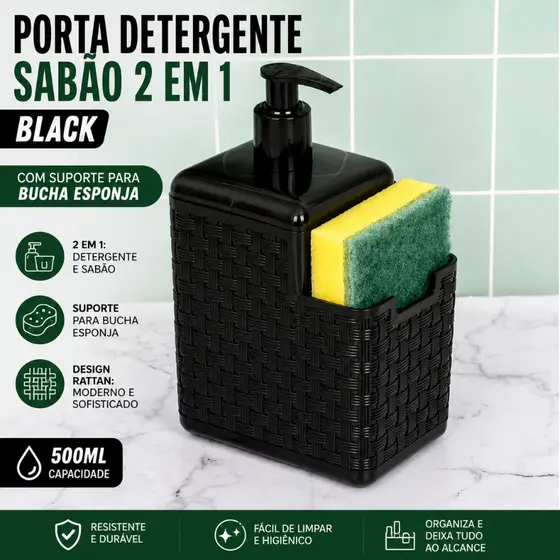 Porta Detergente Sabão 2 em 1 Black Com Suporte Para Bucha Esponja Rattan Arqplast 500ml