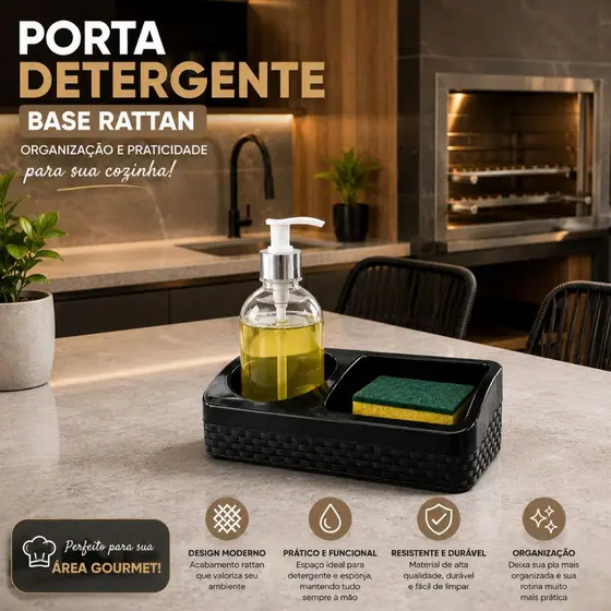 Porta Detergente Preto  Rattan  Esponja e Sabão Com Base Preto Arqplast