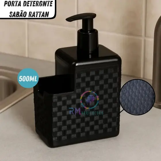 Porta Detergente Sabão 2 em 1 Black Rattan Com Suporte Para Bucha Esponja Arqplast 500ml