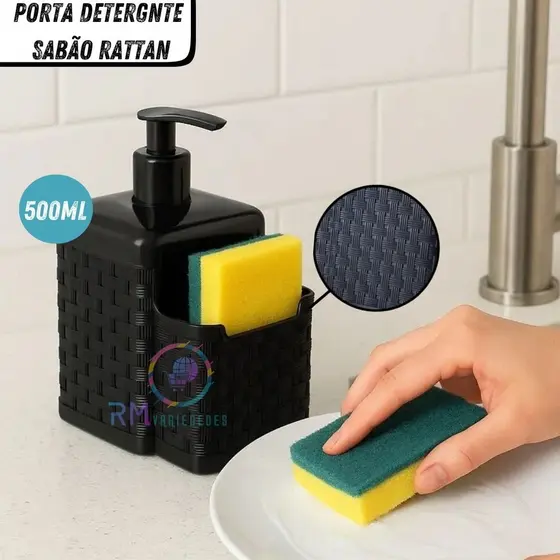 Porta Detergente Sabão 2 em 1 500ml Black Com Suporte Para Bucha Esponja Rattan Arqplast 500ml
