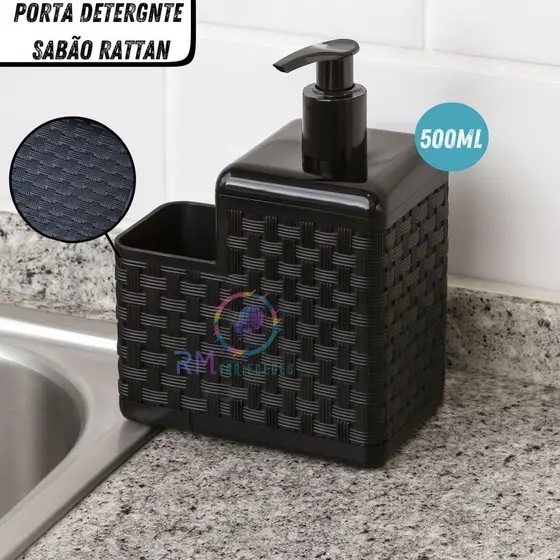 Porta Detergente Sabão 2 em 1 Com Suporte Para Bucha Esponja Black Rattan Arqplast 500ml