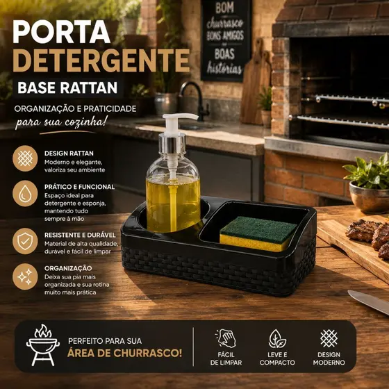 Porta Detergente Rattan Bucha Sabão Preto Esponja Arqplast Preto Cozinha Bancada