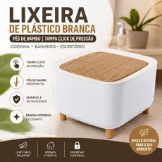 Lixeira De Plástico Branca Pés de Bambu Tampa Click de Pressão Cozinha Banheiro Escritório
