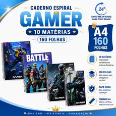 Caderno Capa Dura Mateial Escolar 10 Matérias Universitário Gamer 160 Folhas Masculino Volta ás Aulas