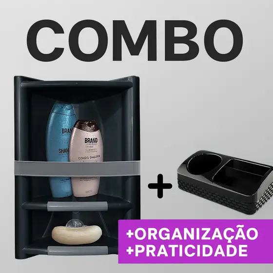 Kit Conjunto Cantoneira e Porta Detergente Rattan Preto