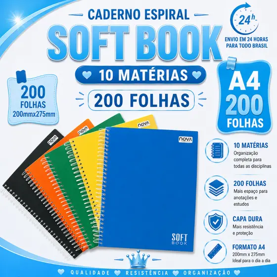 Caderno Capa Dura 200 Folhas 10 Matérias Escolar Universitário Preto