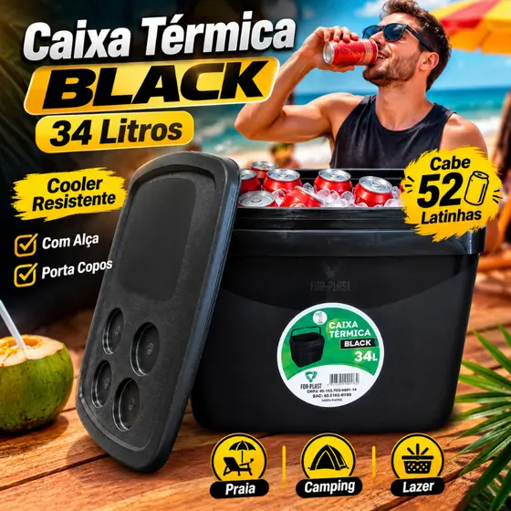 Caixa Térmica Resistente Cooler Com Alça 34 Litros Black Porta Copos Praia Camping