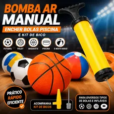 Bomba Ar Manual Encher Bolas Piscina E Kit de Bico Futebol Voley Basquete Laranja
