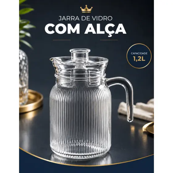 Jarra de Vidro Canelada com Tampa de Acrílico 1200ml Alça Resistente para Água e Sucos