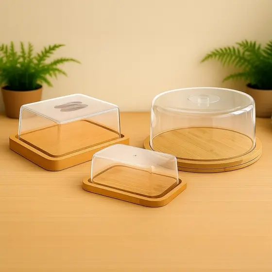 Kit Boleira + Porta Frios + Manteigueira Bambu Acrílico Pote