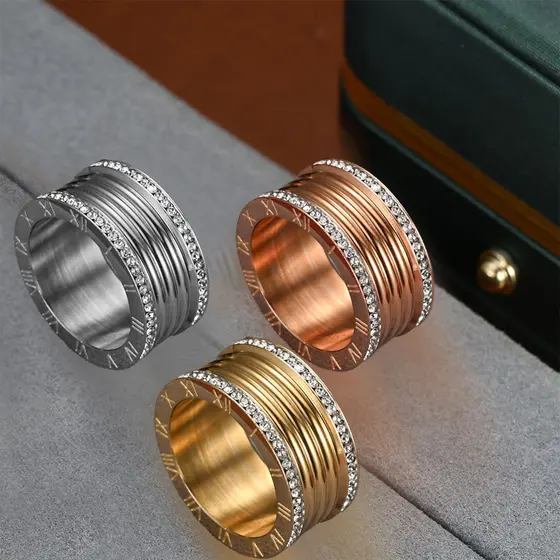 Anel de Diamante para Homens e Mulheres, Anéis de Casal Romanos de 12mm de Largura, Aliança de Casamento de Diamante Rom