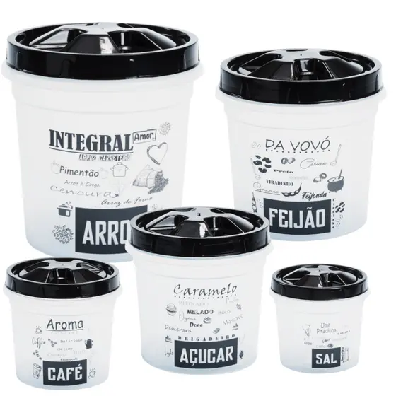 Kit 5 Potes de Mantimentos Plásticos Decorado Preto Frases