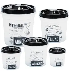 Kit 5 Potes de Mantimentos Plásticos Decorado Preto Frases