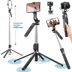 2.2M Selfie Stick Tripé Suporte de 4 pés para celular Controle Bluetooth Sem Fio 360° Rotação Anti-tremor