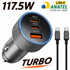 3 PORTES Carregador Celular Veicular Turbo 2 TIPO C +1 USB Carregamento Rápido Origina
