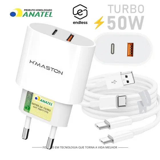 Dual Saídas Carregador Turbo USBA e USBC 50w 2 Saídas Com Cabo Tipo-C