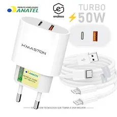 Carregador Turbo 2 Saídas Fonte 50W 2 Entradas USB e USB-C com Cabo Lightning Ultra Rápido