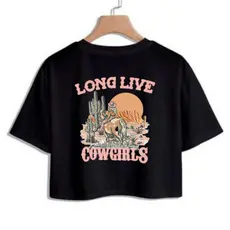 Cropped Country Feminino Long Life Cowgirls Camiseta Femina Curta Sertanejo Country