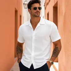 Camisa Masculina Texturizada Com Botões Old Money Estilosa Praia Verão Preto Off White Marrom Verde