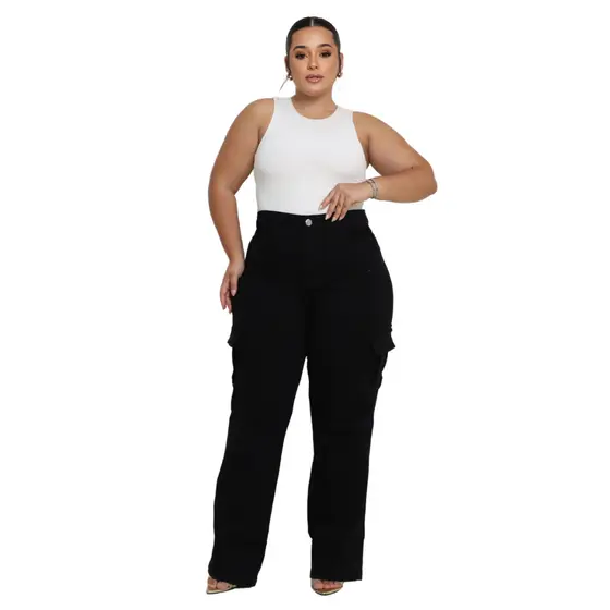 Calça Feminina Plus Wide Leg Preta CARGO Lisa Modelo Lançamento 2025