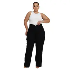 Calça Feminina Plus Wide Leg Preta CARGO Lisa Modelo Lançamento 2025