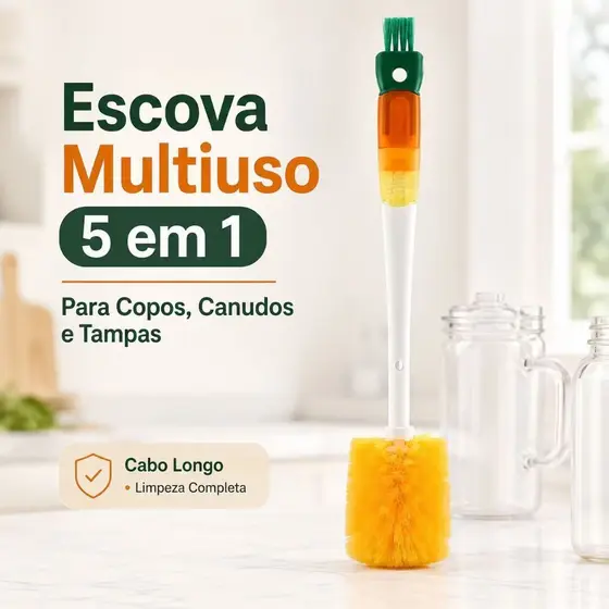 Escova Multiuso 5 em 1 para Copos Garrafas Canudos e Tampas com Cabo Longo 36cm, Escova de Limpeza para Cozinha
