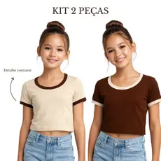 Kit 2 Peças Baby Look Cropped Juvenil Menina Blusa Feminina Manga Curta Canelada Básica Verão